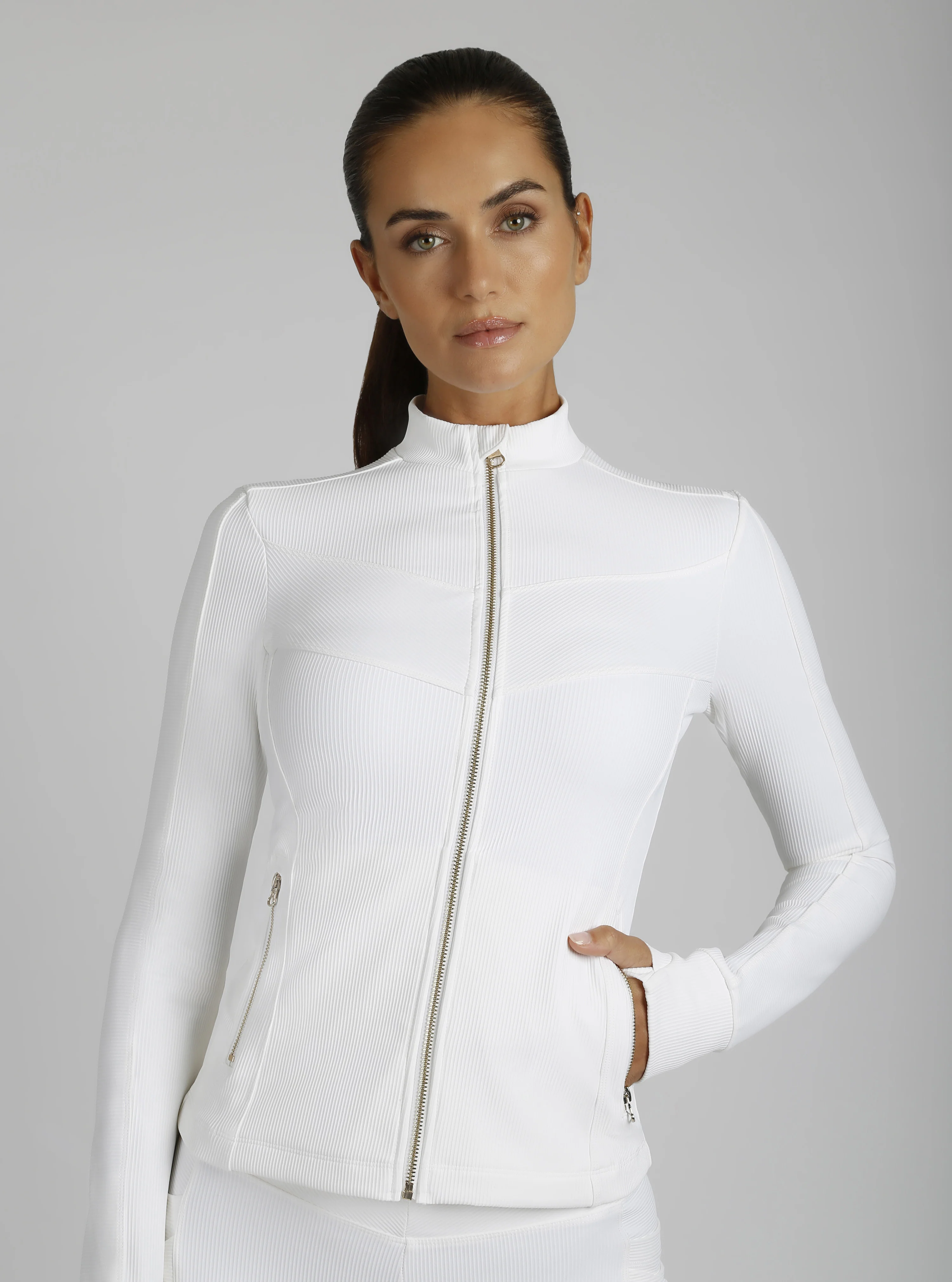 $99 Directional Rib Activewear Jacket Gold Trims - WHITE OR PUMICE - Image 11