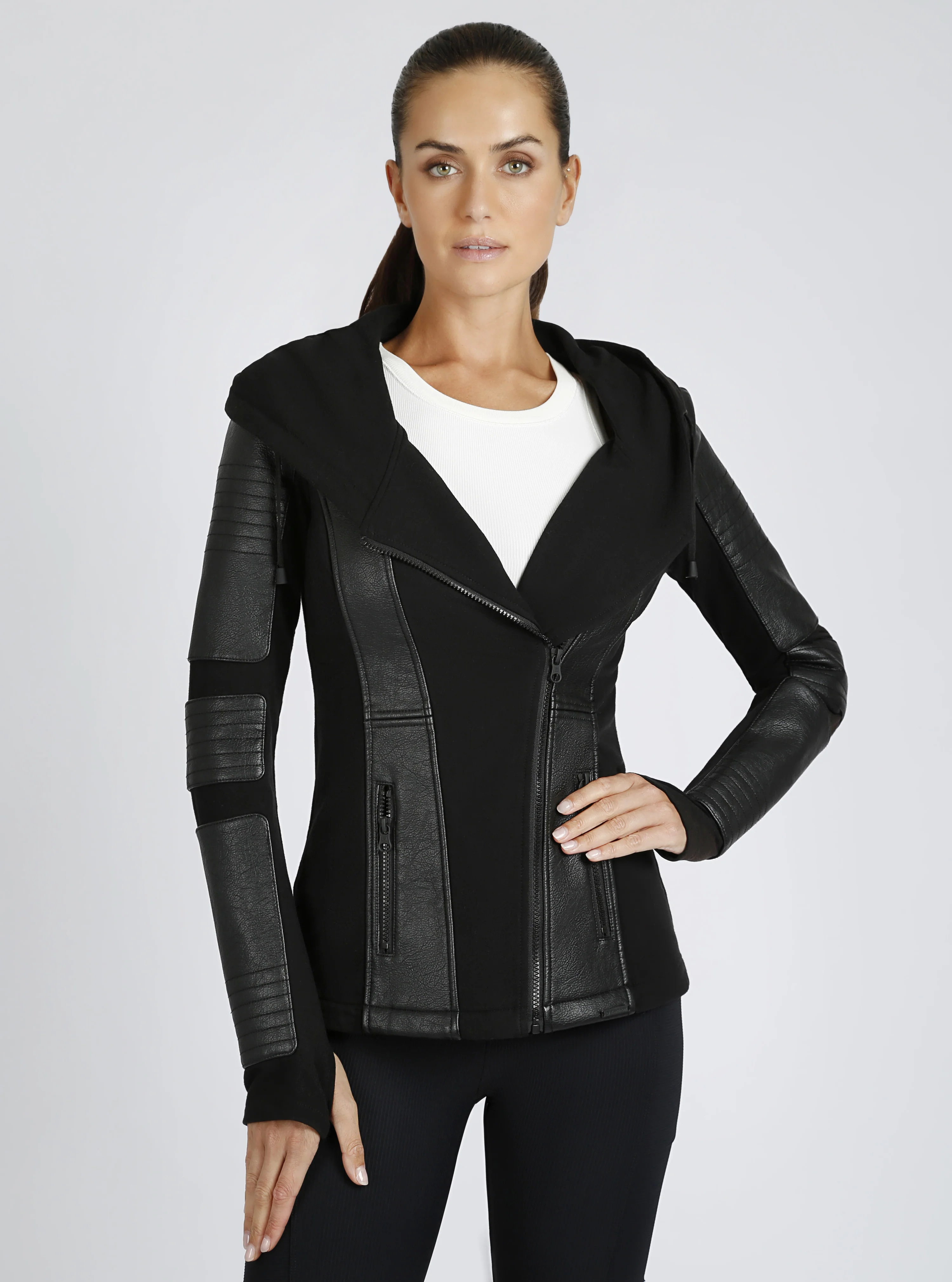 Asym Vegan Leather Hooded Moto - Black Bonded Stretch French Terry - Image 4
