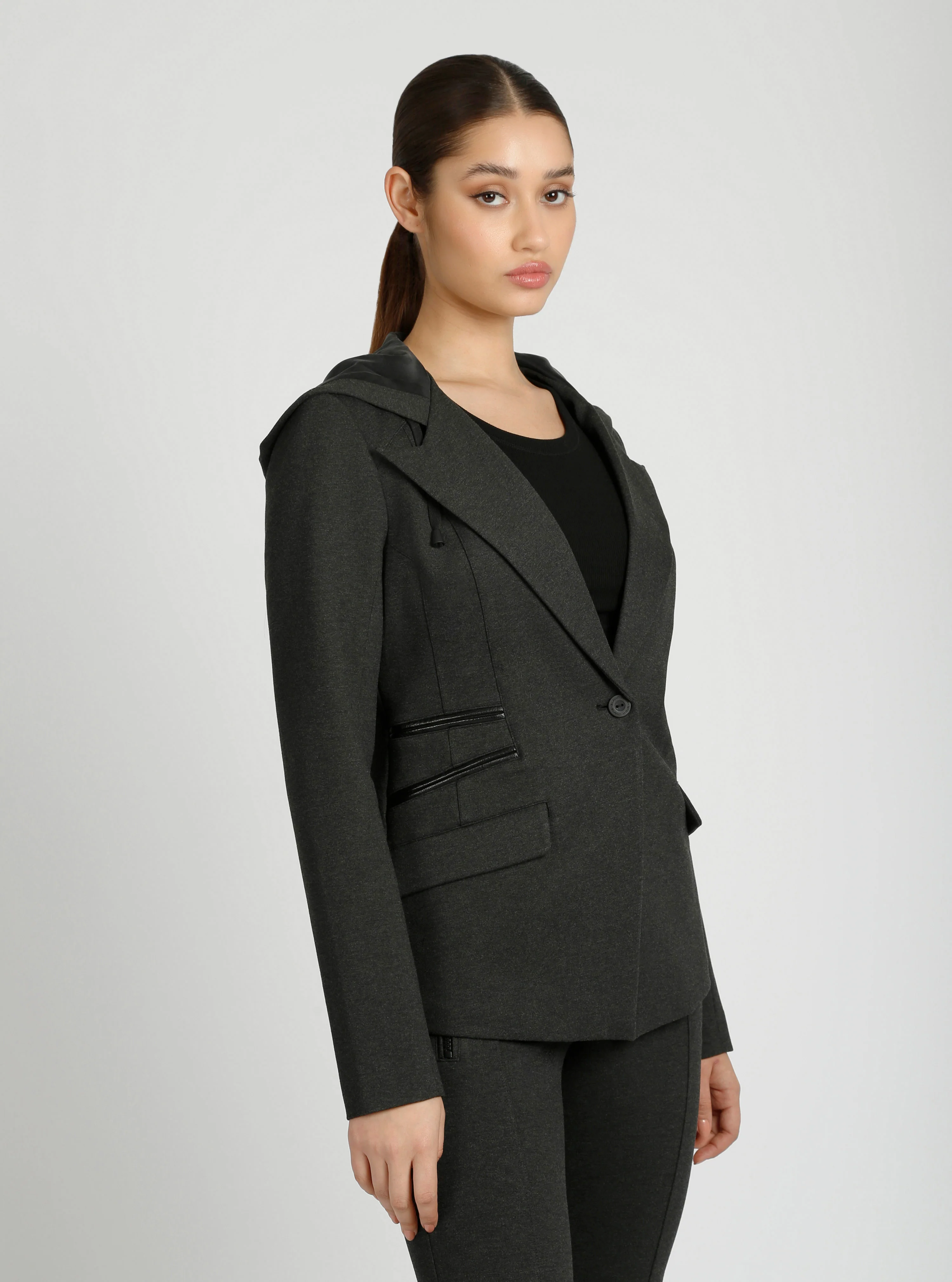 $25 Gayatri Hooded Blazer Dk Heather Gray and MIdnight Plum - Image 8