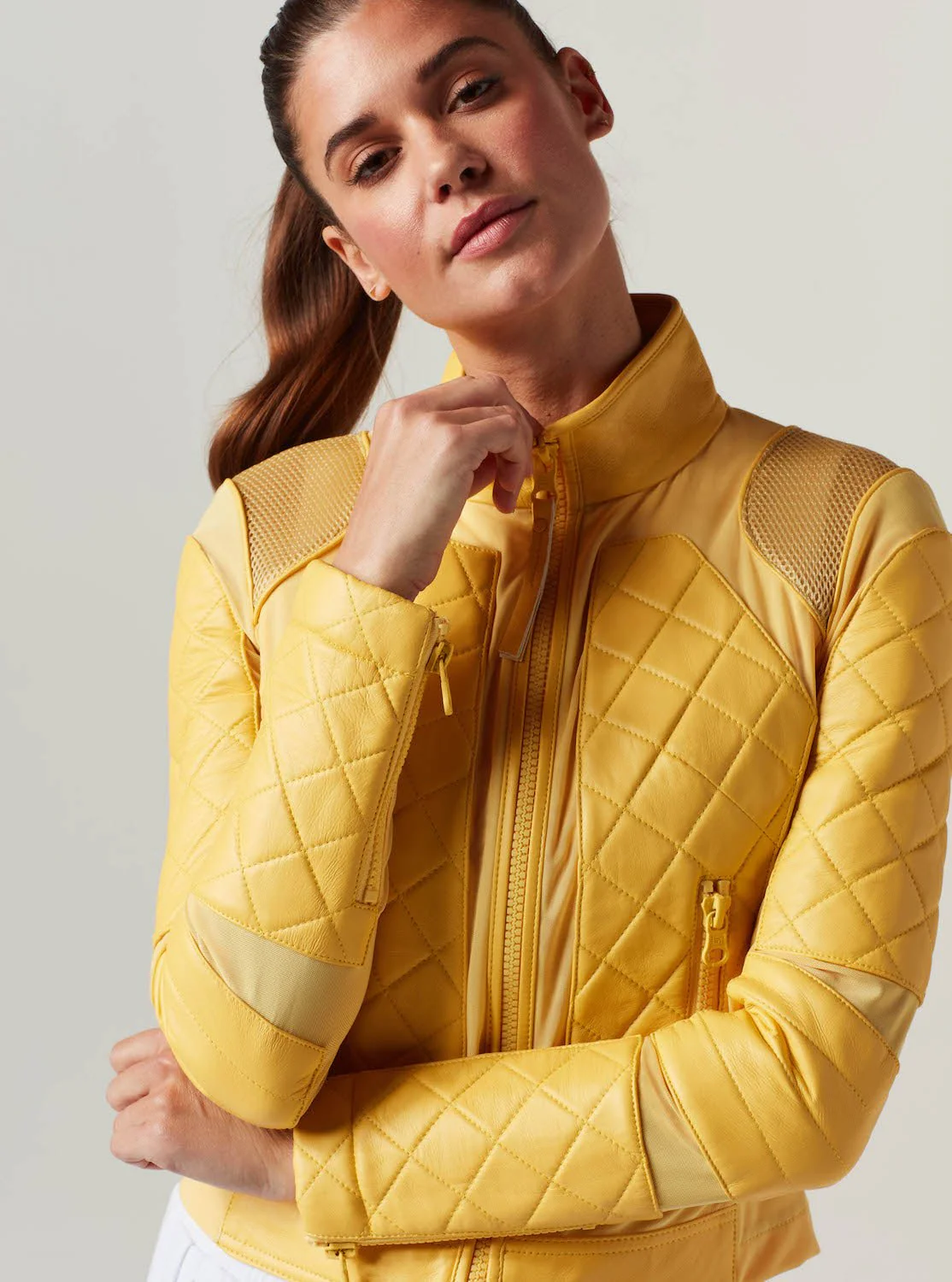 Genuine Classic Leather Mesh Moto Jacket - Sunshine Yellow/Goldfinch with Lace Up Back - Image 2