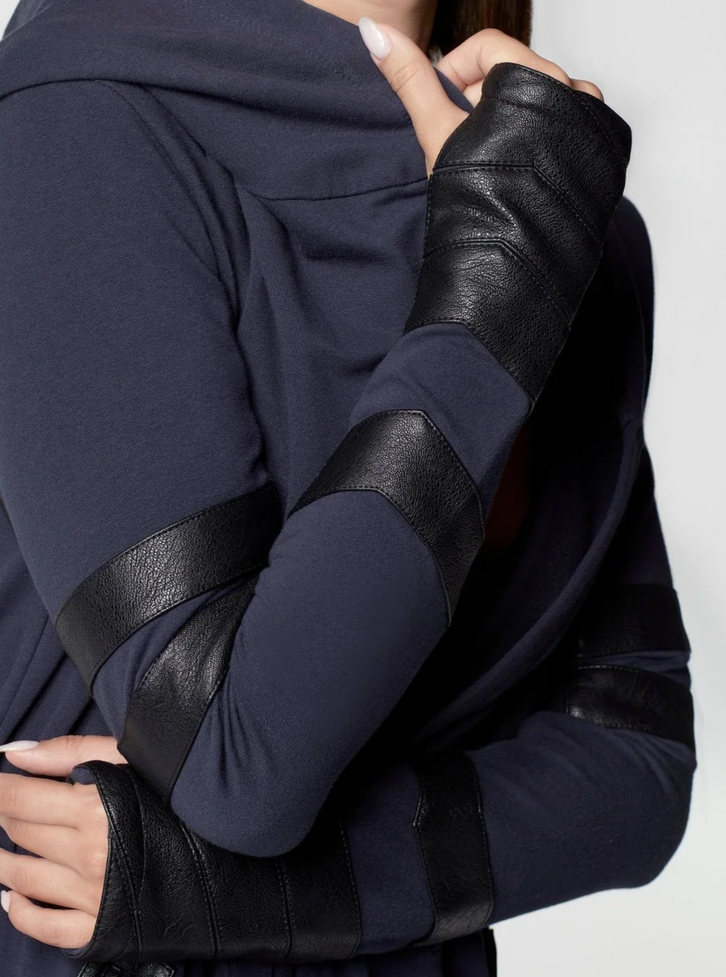 Maitri Stretch Wrap Traveler Jacket - with Silk Lined Hood and Vegan Leather Details Limited Edition Patriot Blue FINAL SALE