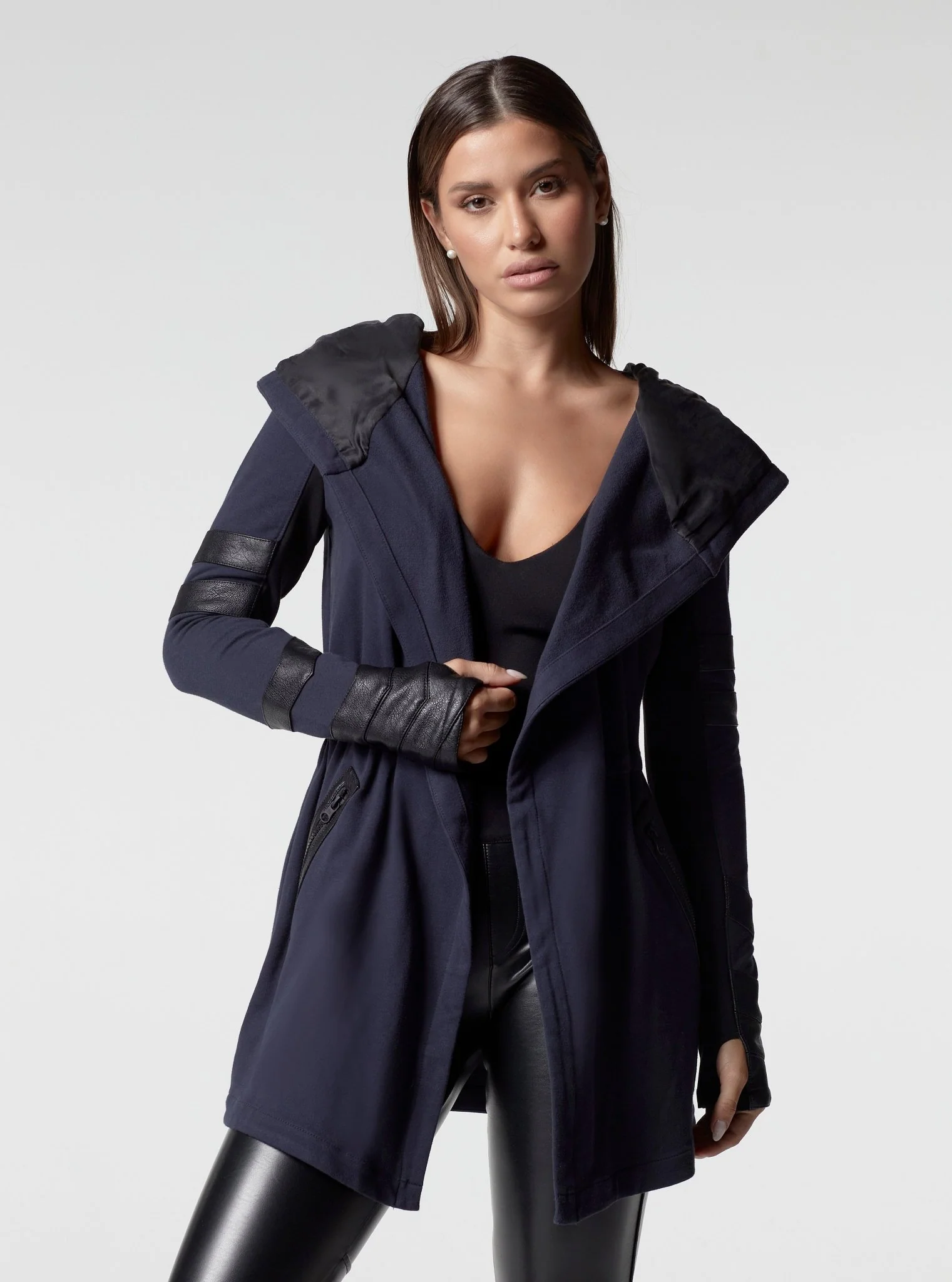 Maitri Stretch Wrap Traveler Jacket - with Silk Lined Hood and Vegan Leather Details Limited Edition Patriot Blue FINAL SALE - Image 2