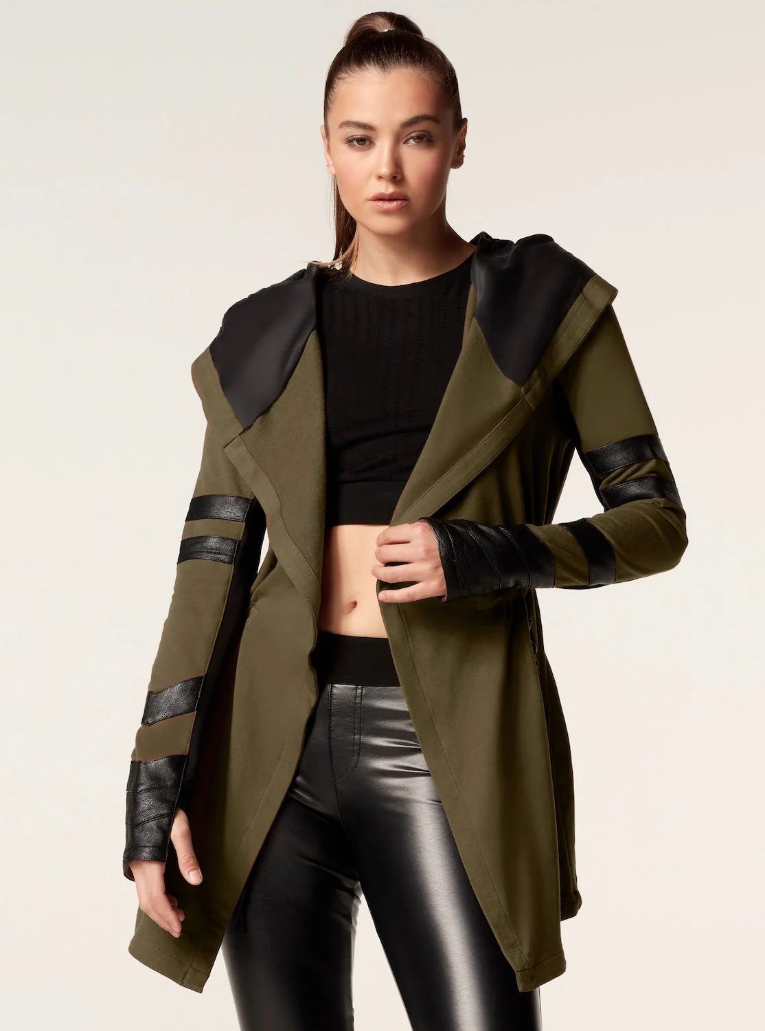 Maitri Stretch Wrap Traveler Jacket with Silk Lined Hood Vegan Leather Details - Olive FINAL SALE - Image 4