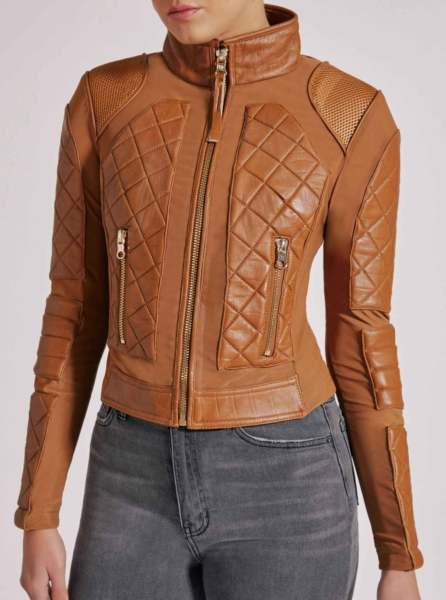 Textured Leather Mesh Moto Jacket - FINAL SALE Gold Trims and Brown Croc