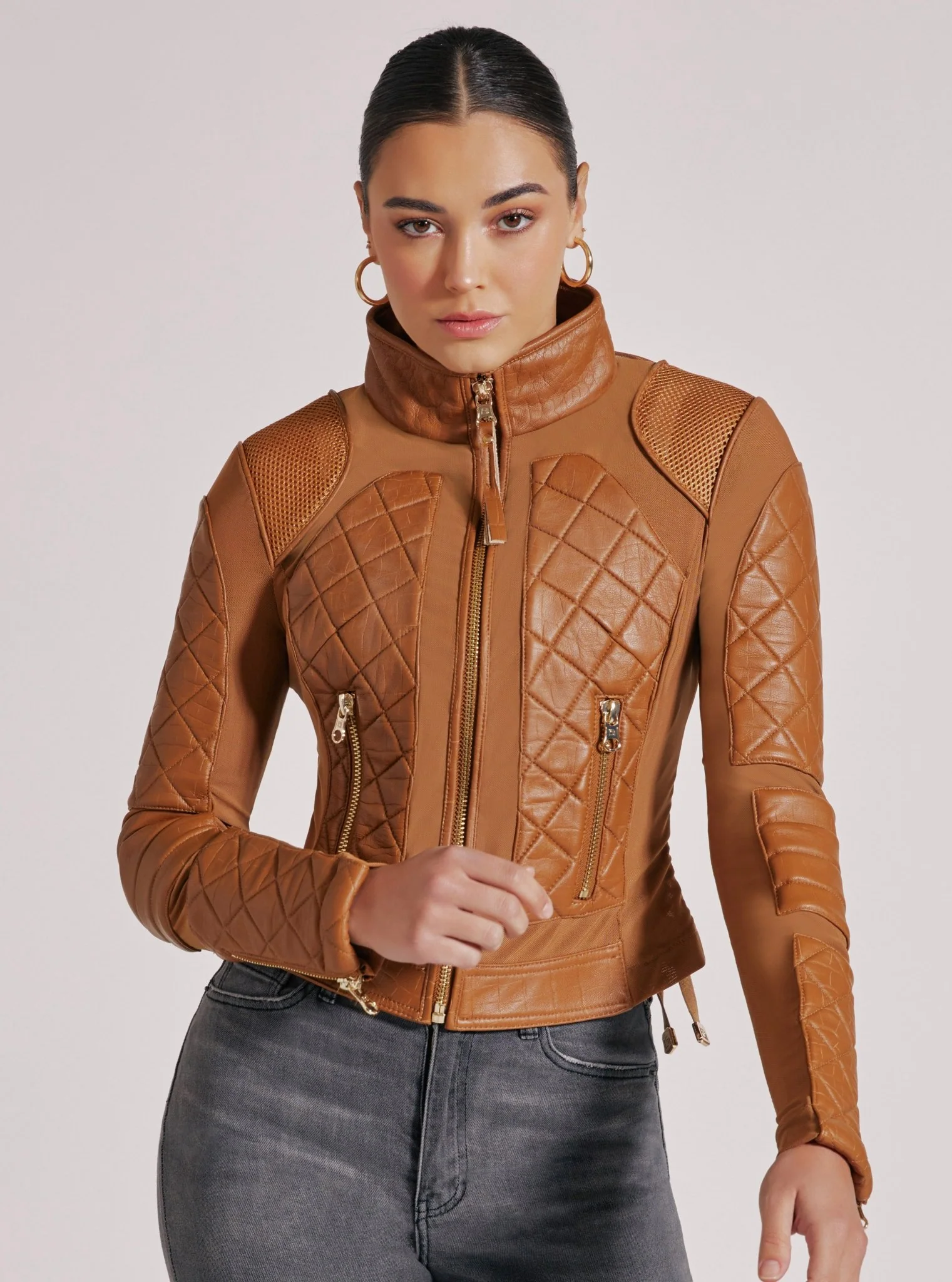Textured Leather Mesh Moto Jacket - FINAL SALE Gold Trims and Brown Croc - Image 3