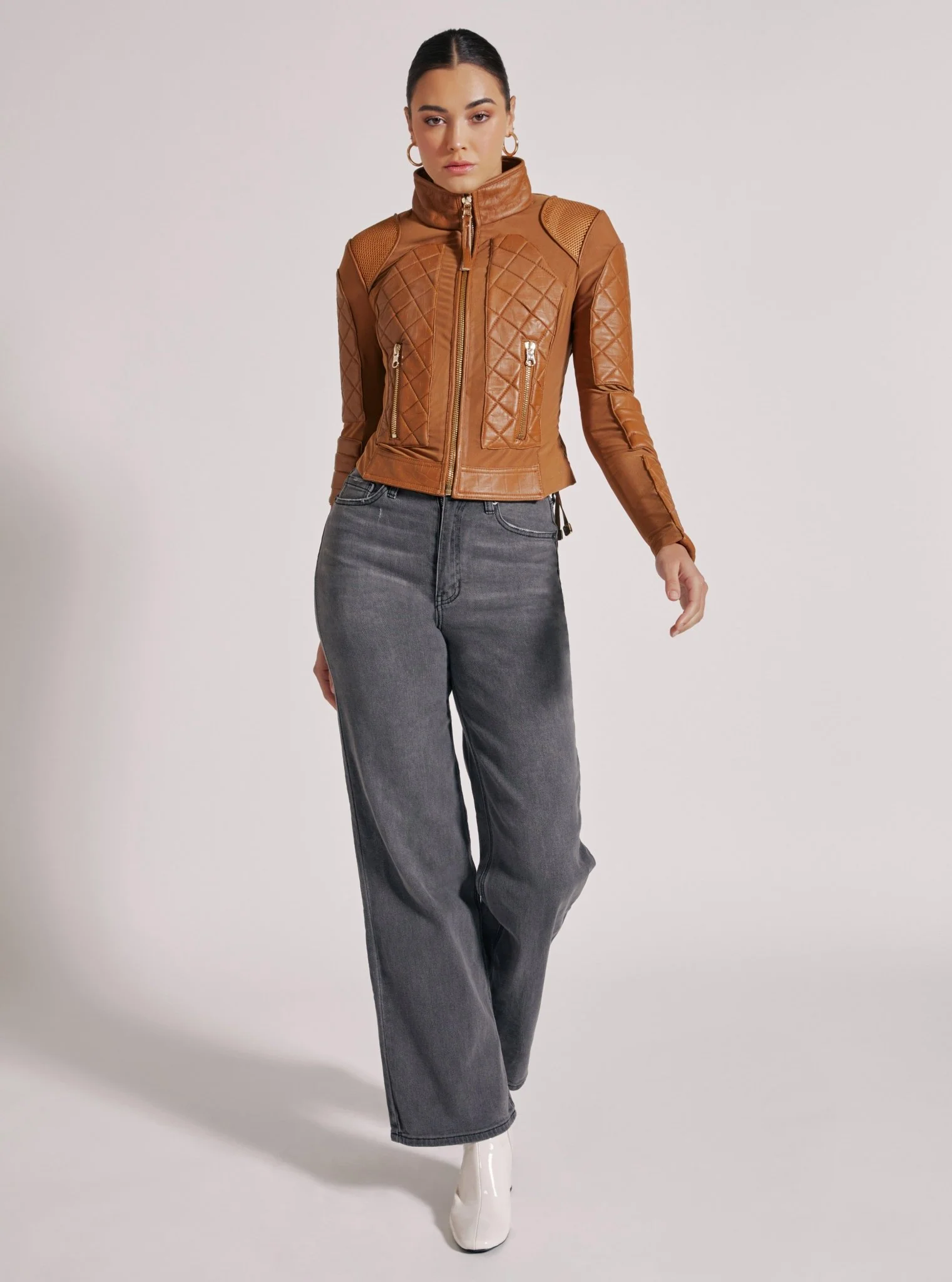 Textured Leather Mesh Moto Jacket - FINAL SALE Gold Trims and Brown Croc - Image 4