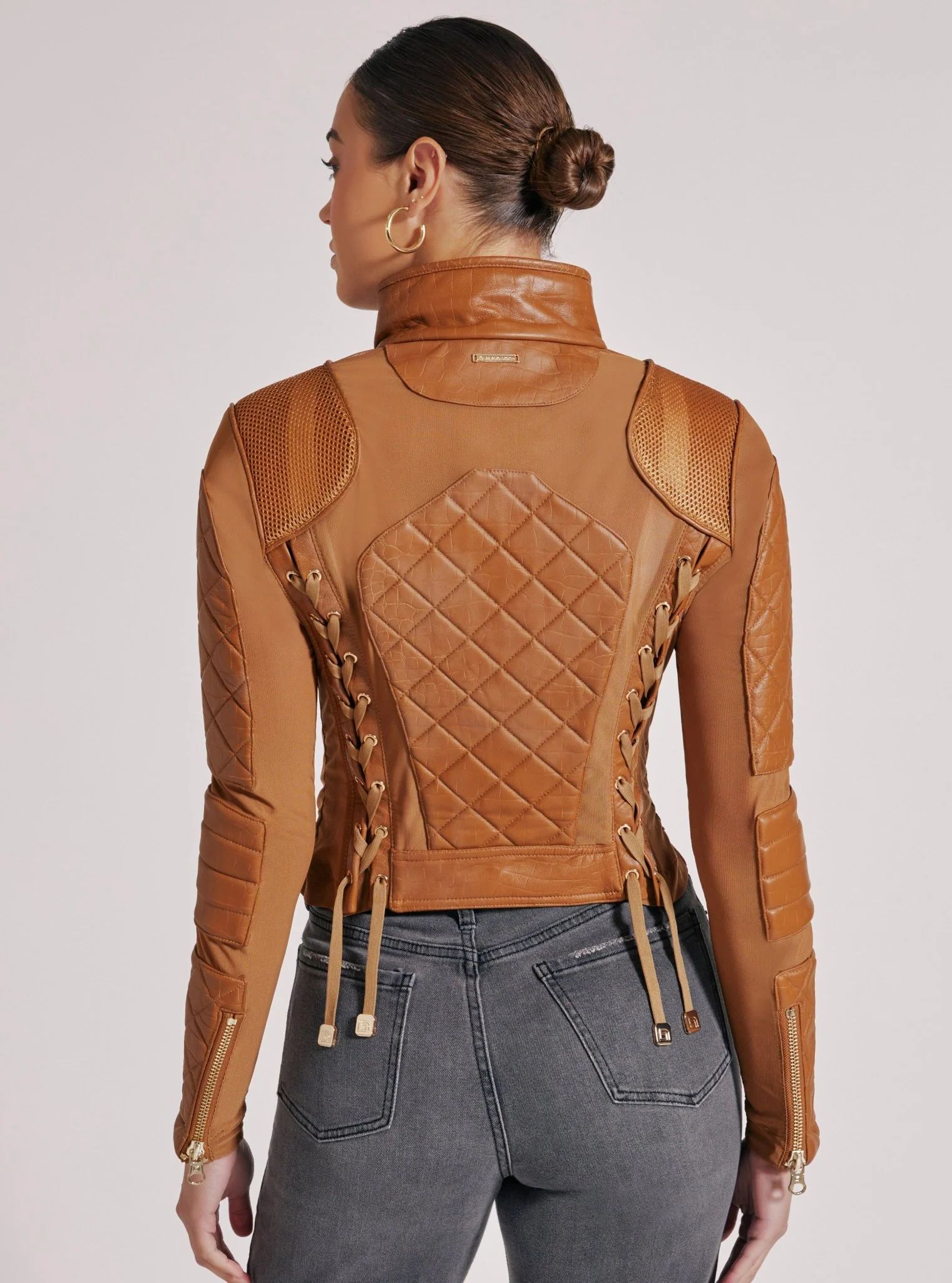 Textured Leather Mesh Moto Jacket - FINAL SALE Gold Trims and Brown Croc - Image 5