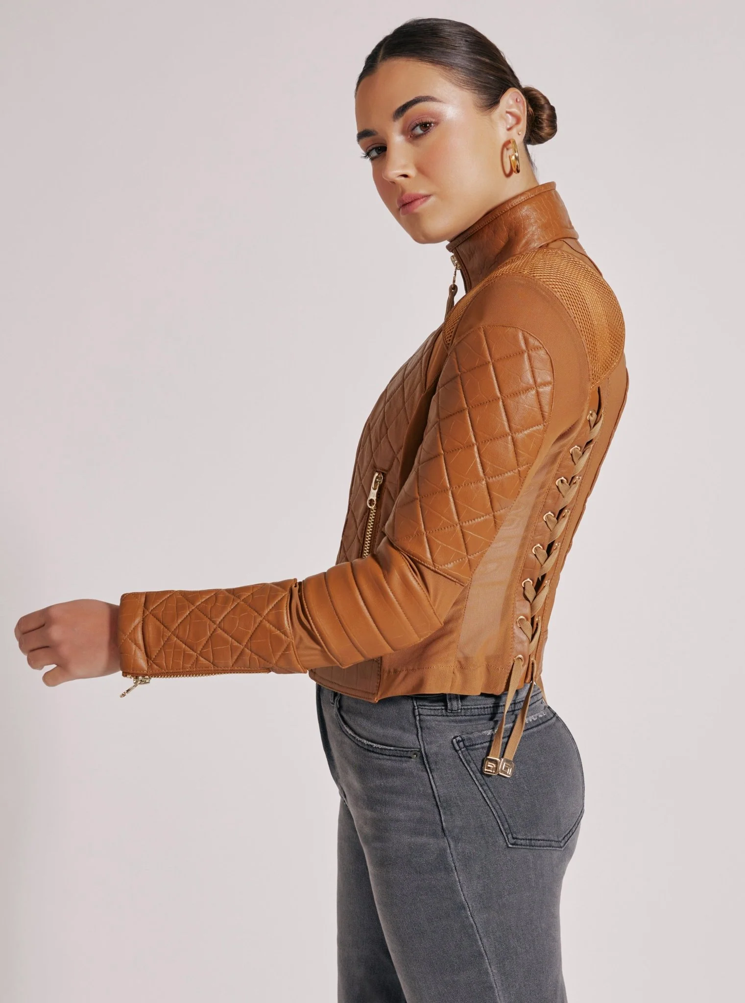 Textured Leather Mesh Moto Jacket - FINAL SALE Gold Trims and Brown Croc - Image 6