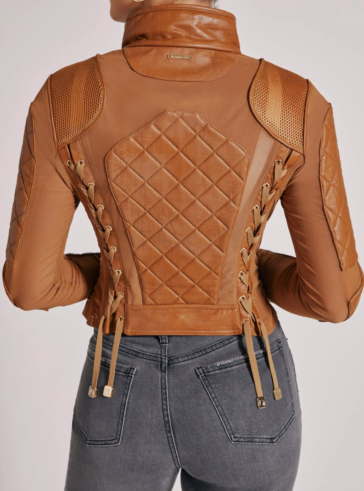 Textured Leather Mesh Moto Jacket - FINAL SALE Gold Trims and Brown Croc - Image 7